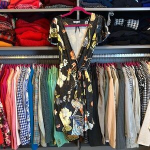 Frock Shop black with flowers crushed velvet v neck wrap around dress size S